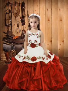 Sleeveless Floor Length Ruffles Lace Up Pageant Gowns For Girls with Red