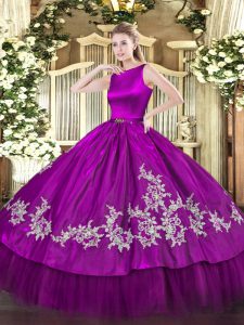 Customized Fuchsia Satin and Tulle Clasp Handle 15 Quinceanera Dress Sleeveless Floor Length Embroidery