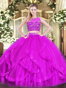 Adorable Purple Tulle Zipper Quince Ball Gowns Sleeveless Floor Length Beading and Ruffles