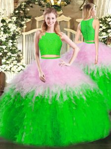 Dazzling Sleeveless Tulle Floor Length Zipper 15th Birthday Dress in Multi-color with Ruffles