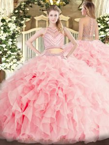 Dynamic Baby Pink Scoop Neckline Beading and Ruffles Quinceanera Gown Sleeveless Zipper