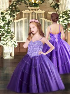 Perfect Purple Sleeveless Appliques Floor Length Kids Formal Wear