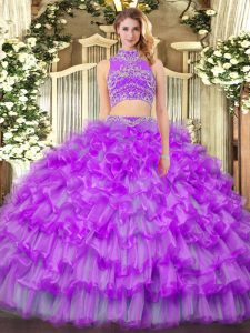 Fabulous Purple Sleeveless Beading and Ruffled Layers Floor Length Quinceanera Gowns