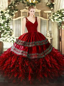 Wine Red V-neck Backless Beading and Lace and Ruffles Quince Ball Gowns Sleeveless