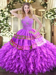 Unique Tulle Halter Top Sleeveless Zipper Beading and Ruffles and Sequins Sweet 16 Dress in Lilac