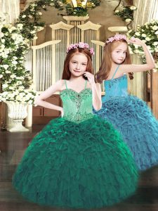 Dark Green Ball Gowns Spaghetti Straps Sleeveless Organza Floor Length Lace Up Beading and Ruffles Little Girls Pageant Gowns