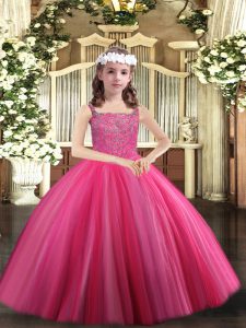 Hot Pink Tulle Lace Up Straps Sleeveless Floor Length Little Girl Pageant Gowns Beading