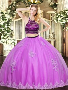 Lilac Ball Gowns Halter Top Sleeveless Tulle Floor Length Zipper Beading and Appliques Sweet 16 Dress