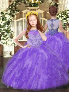 Best Lavender Sleeveless Floor Length Beading and Ruffles Zipper Pageant Dress for Girls