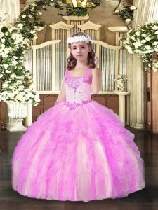 Lilac Organza Lace Up Little Girls Pageant Dress Wholesale Sleeveless Floor Length Beading and Ruffles