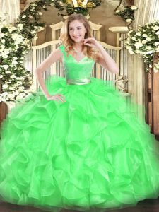 Ideal Green Tulle Zipper Quinceanera Gowns Sleeveless Floor Length Beading and Ruffles
