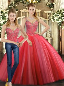 Straps Sleeveless Lace Up 15th Birthday Dress Coral Red Tulle