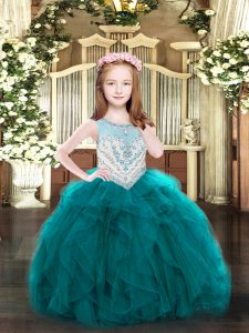 Scoop Sleeveless Little Girls Pageant Dress Wholesale Floor Length Beading and Ruffles Teal Organza