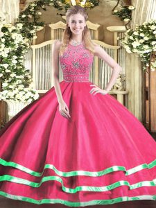 Ball Gowns Quinceanera Dress Hot Pink Halter Top Tulle Sleeveless Floor Length Zipper