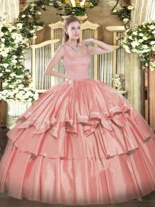 Glorious Ball Gowns Quinceanera Gown Coral Red Straps Taffeta Sleeveless Floor Length Zipper