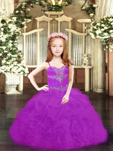 Pretty Fuchsia and Purple Little Girls Pageant Gowns Prom and Military Ball with Beading and Ruffles and Pick Ups Spaghetti Straps Sleeveless Lace Up