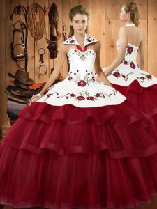 High Quality Sleeveless Organza Sweep Train Lace Up 15th Birthday Dress in Wine Red with Embroidery and Ruffled Layers