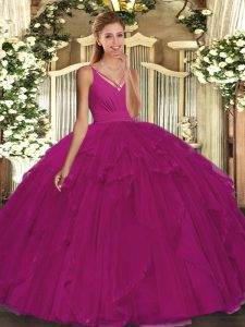 Sleeveless Tulle Floor Length Backless Sweet 16 Dresses in Fuchsia with Beading and Ruffles