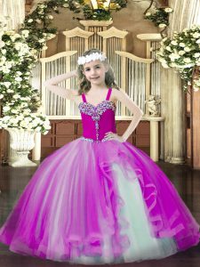 Charming Fuchsia Tulle Lace Up Little Girl Pageant Dress Sleeveless Floor Length Beading