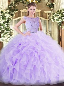 Lavender Tulle Zipper Quinceanera Dresses Sleeveless Floor Length Beading and Ruffles