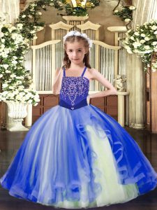 Custom Made Straps Sleeveless Lace Up Little Girls Pageant Gowns Royal Blue Tulle