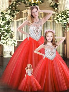 Floor Length Lace Up Sweet 16 Quinceanera Dress Red for Military Ball and Sweet 16 and Quinceanera with Beading