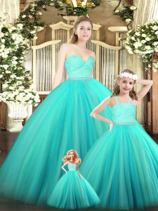 Flare Turquoise Quinceanera Gowns Military Ball and Sweet 16 and Quinceanera with Beading and Lace Sweetheart Sleeveless Zipper