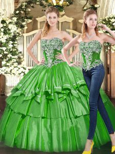 Ideal Sleeveless Tulle Floor Length Lace Up Sweet 16 Quinceanera Dress in Green with Beading and Ruffled Layers