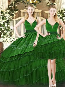 Beautiful Dark Green Sleeveless Floor Length Beading and Ruffled Layers Lace Up Quinceanera Dresses