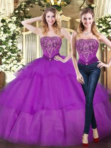 Custom Design Floor Length Ball Gowns Sleeveless Eggplant Purple 15th Birthday Dress Lace Up