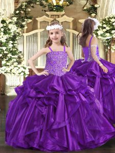 Wonderful Floor Length Purple Little Girls Pageant Dress Straps Sleeveless Lace Up