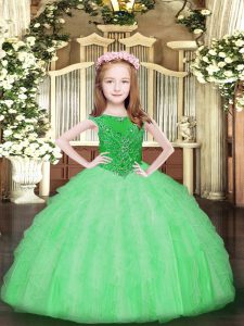 Simple Beading and Ruffles Pageant Dress for Teens Apple Green Zipper Sleeveless Floor Length