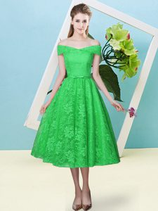 Superior Bowknot Dama Dress Green Lace Up Cap Sleeves Tea Length