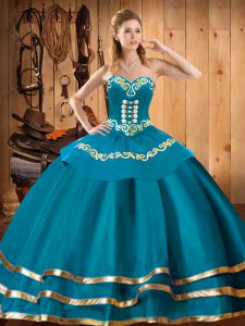 Modest Sleeveless Organza Floor Length Lace Up 15 Quinceanera Dress in Teal with Embroidery