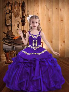 Purple Organza Lace Up Girls Pageant Dresses Sleeveless Floor Length Embroidery and Ruffles