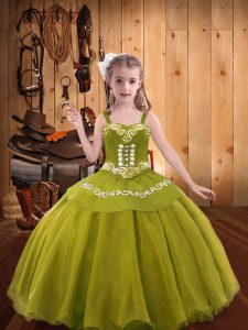 Floor Length Olive Green Girls Pageant Dresses Organza Sleeveless Embroidery and Ruffles