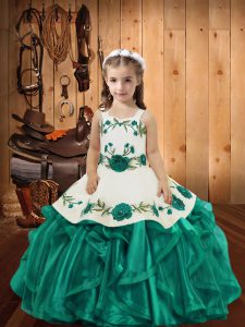 Teal Kids Formal Wear Sweet 16 and Quinceanera with Embroidery and Ruffles Straps Sleeveless Lace Up