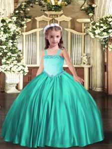 Turquoise Lace Up Little Girl Pageant Gowns Appliques Sleeveless Floor Length