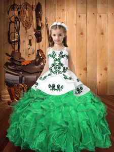 Modern Turquoise Sleeveless Floor Length Embroidery and Ruffles Lace Up Girls Pageant Dresses
