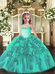 Simple Turquoise Straps Lace Up Appliques and Ruffles Pageant Dress Toddler Sleeveless