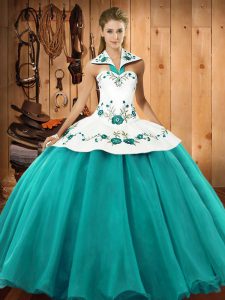 Stylish Sleeveless Floor Length Embroidery Lace Up Quinceanera Gown with Turquoise