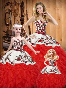 White And Red 15th Birthday Dress Military Ball and Sweet 16 and Quinceanera with Embroidery and Ruffles Sweetheart Sleeveless Lace Up