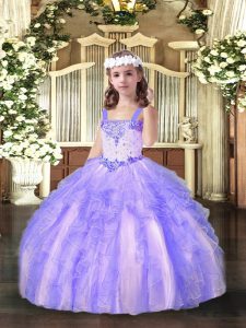 Lavender Lace Up Little Girls Pageant Dress Beading and Ruffles Sleeveless Floor Length