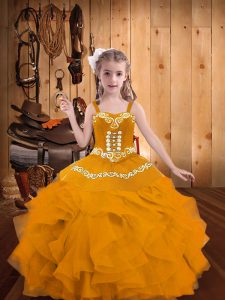Gold Ball Gowns Embroidery and Ruffles Little Girls Pageant Dress Wholesale Lace Up Organza Sleeveless Floor Length