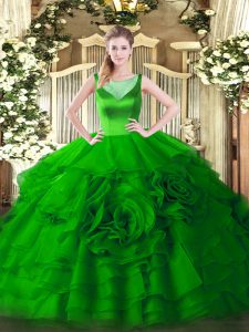 Charming Floor Length Green Quinceanera Gown Organza Sleeveless Beading and Ruffled Layers