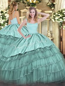 Sleeveless Organza Floor Length Zipper Quince Ball Gowns in Blue with Embroidery and Ruffled Layers