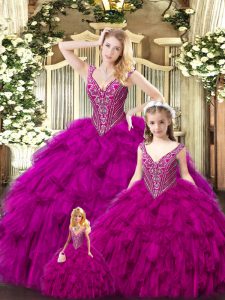 Suitable Tulle Sleeveless Floor Length Sweet 16 Dress and Beading and Ruffles