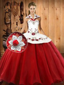 Sweet Sleeveless Satin and Tulle Floor Length Lace Up Quinceanera Gown in Wine Red with Embroidery