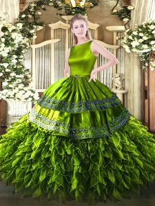 Best Olive Green Sleeveless Ruffles Floor Length Sweet 16 Dress