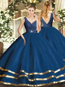 Extravagant Sleeveless Tulle Floor Length Backless Quinceanera Dresses in Navy Blue with Beading and Ruffled Layers